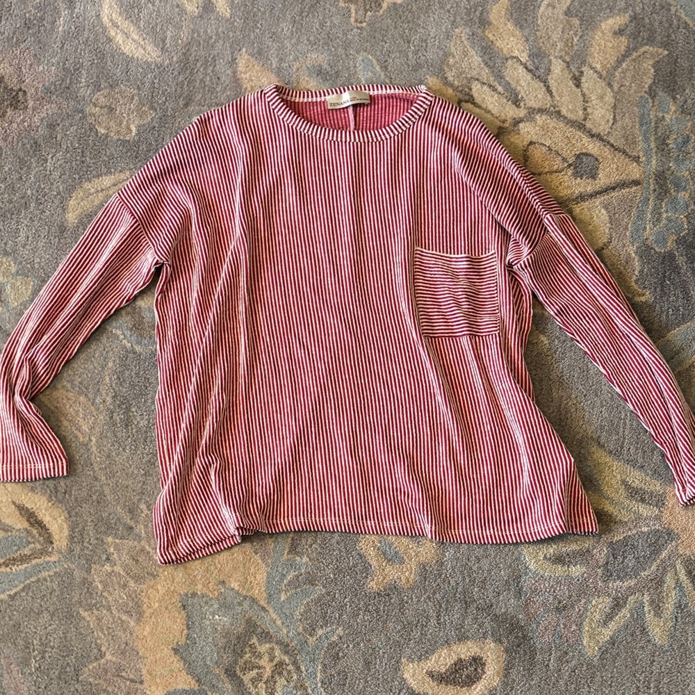 Zenana Ribbed Striped Red Crewneck Top with Chest Pocket